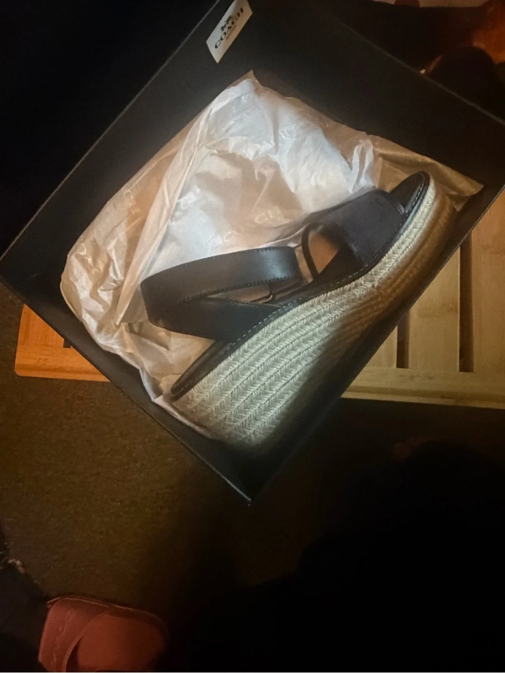 Coach Black and Tan Espadrille Wedge Sandals with Gold Buckle